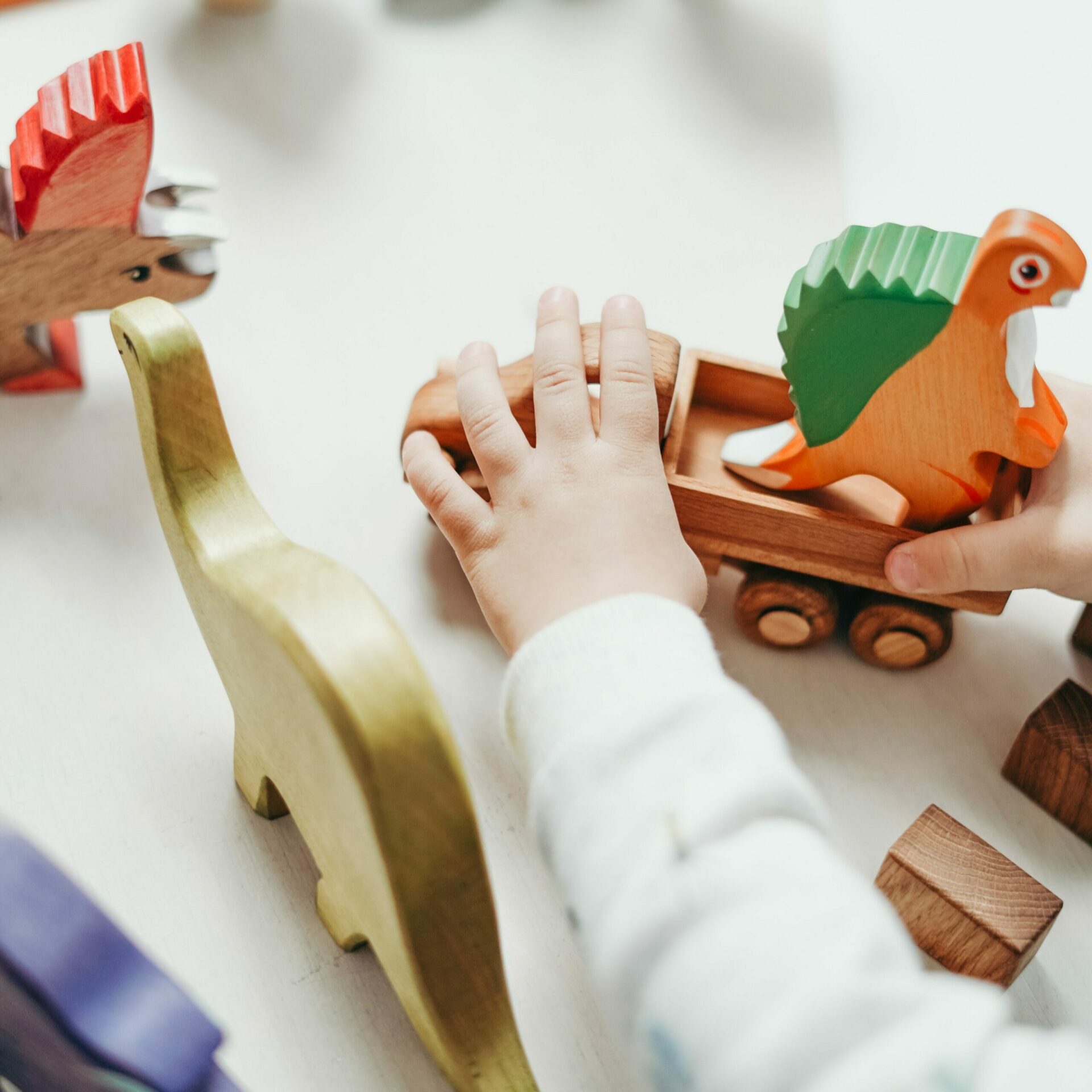 Enfant jouant avec un dinosaure.